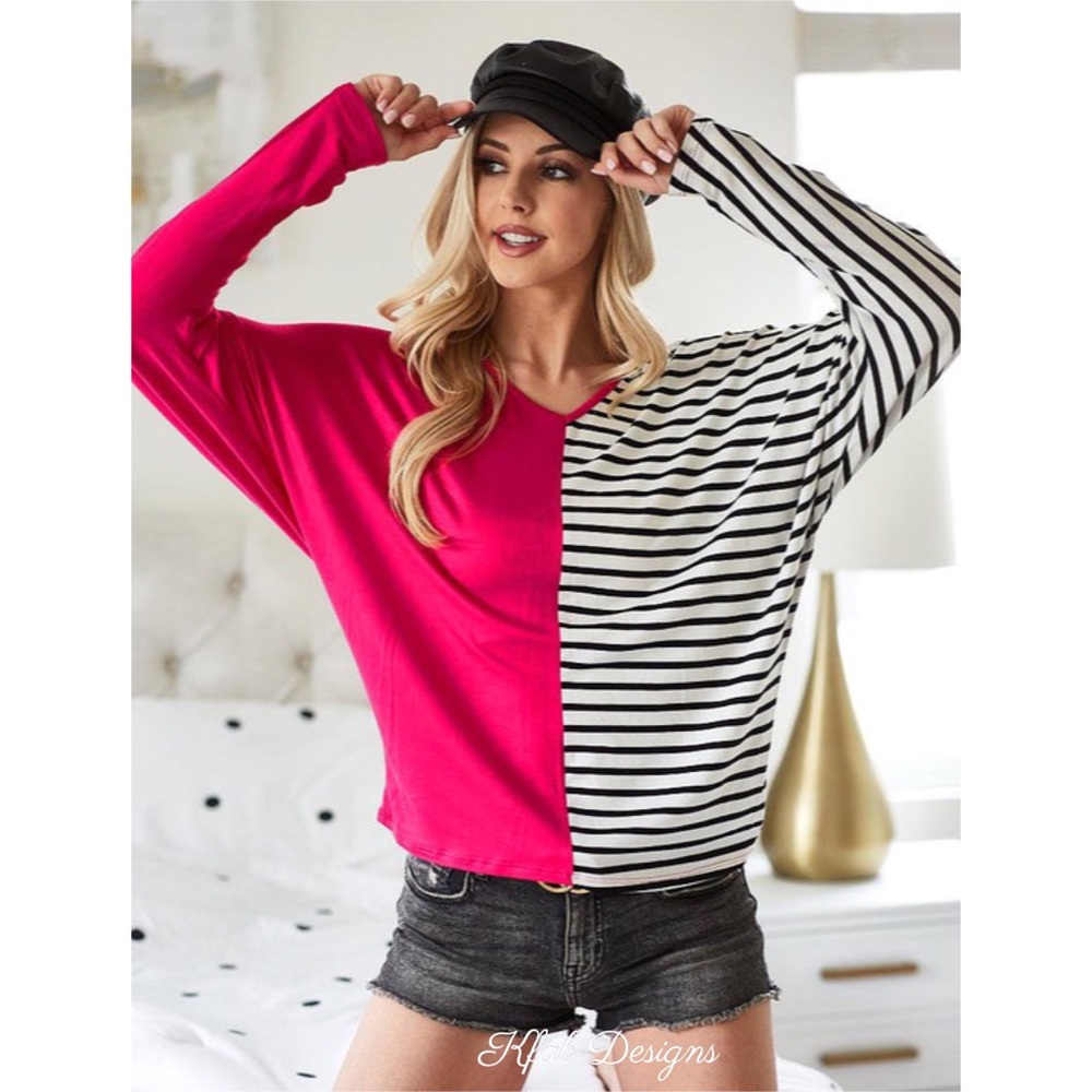 💖LAST 1! V Neck Fuchsia Color Block Stripe Top! - Picture 12 of 12